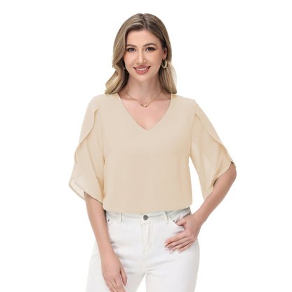 Anna-Kaci Women's V-Neck Blouse with Split Flutter Sleeves and Relaxed Draped Fit