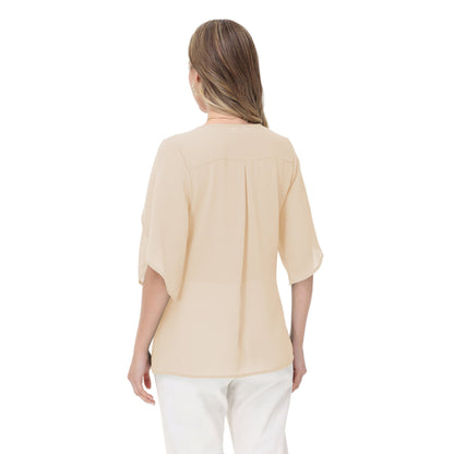 Anna-Kaci Women's V-Neck Blouse with Split Flutter Sleeves and Relaxed Draped Fit
