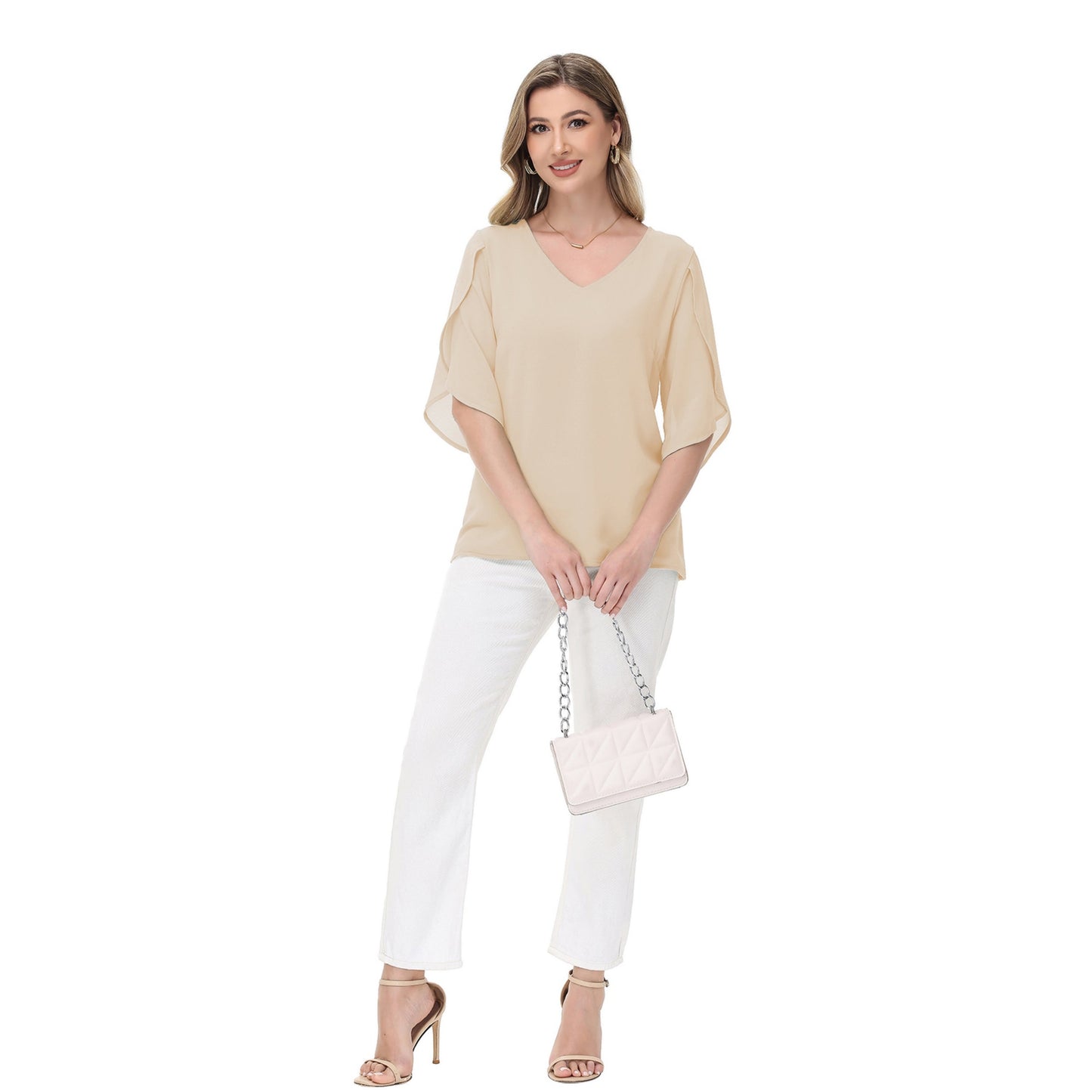 Anna-Kaci Women's V-Neck Blouse with Split Flutter Sleeves and Relaxed Draped Fit