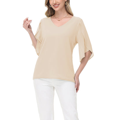 Anna-Kaci Women's V-Neck Blouse with Split Flutter Sleeves and Relaxed Draped Fit