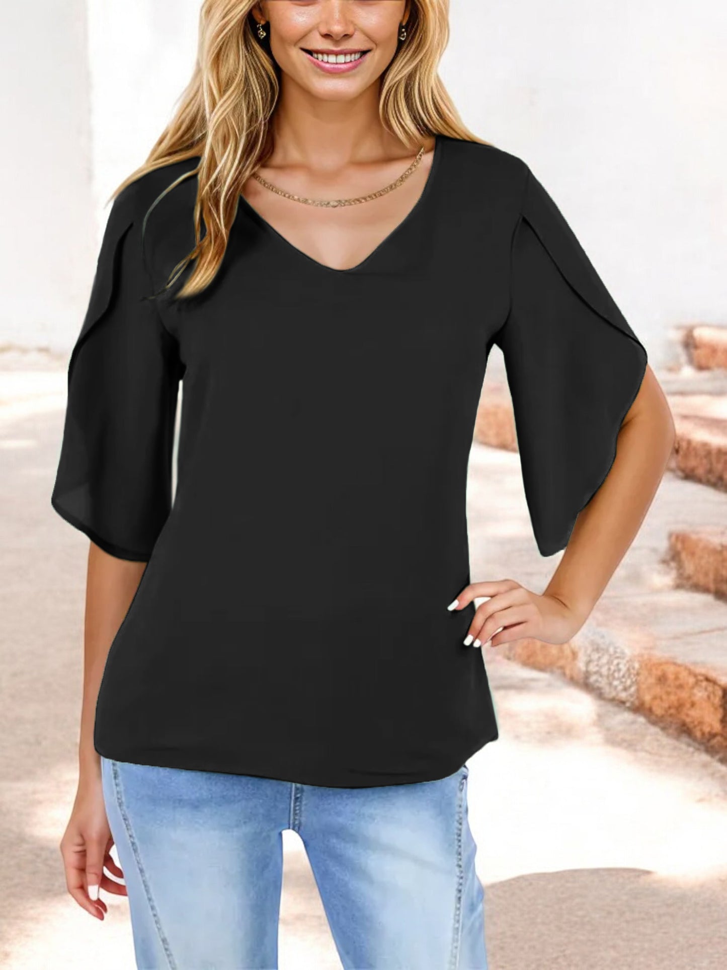 V-Neck Blouse with Split Short Sleeves and Relaxed Fit