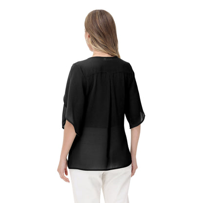 Anna-Kaci Women's V-Neck Flutter Sleeve Blouse with Shoulder Cut Details and Relaxed Draped Fit