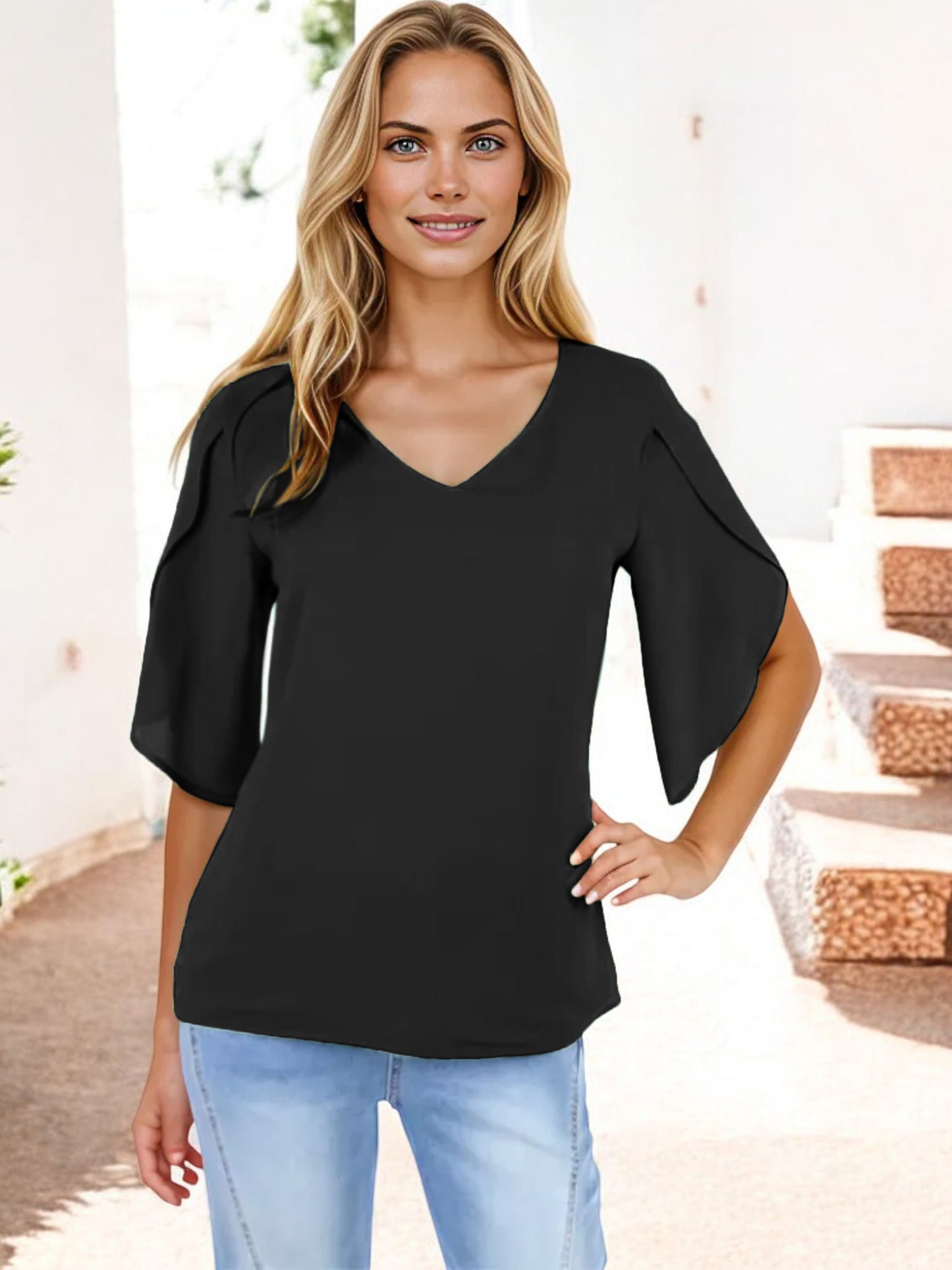 V-Neck Blouse with Split Short Sleeves and Relaxed Fit