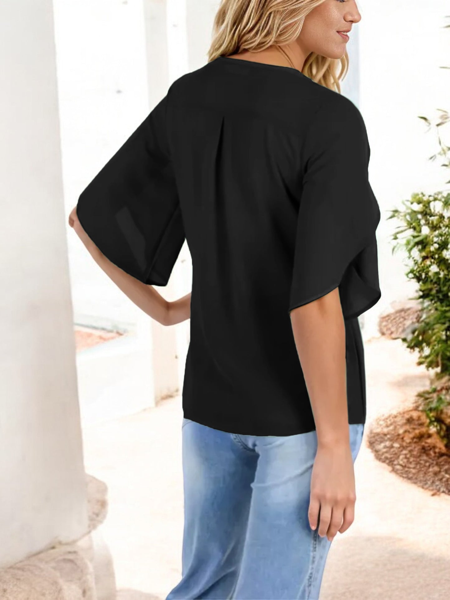 V-Neck Blouse with Split Short Sleeves and Relaxed Fit
