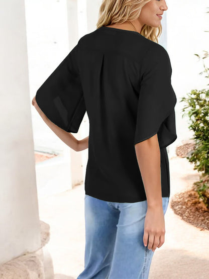 V-Neck Blouse with Split Short Sleeves and Relaxed Fit