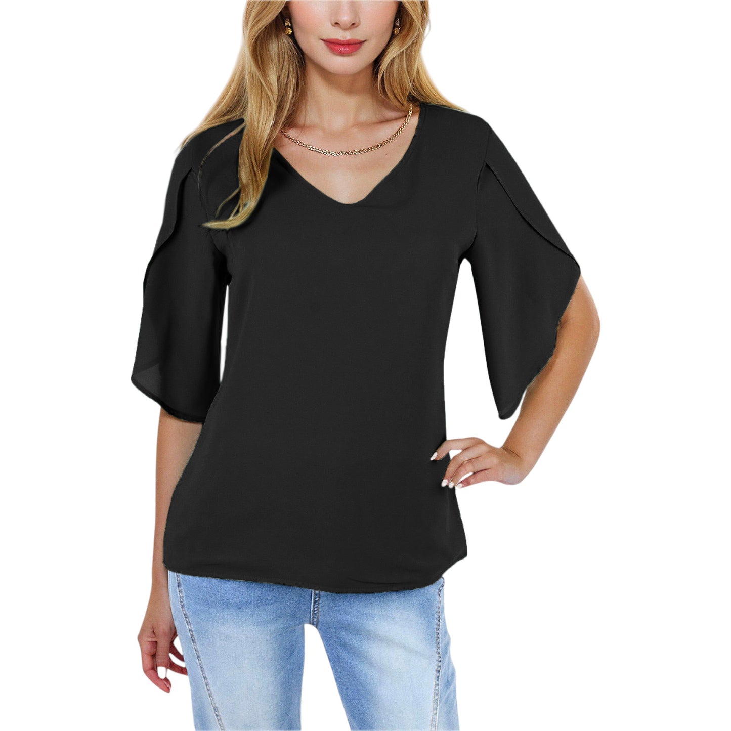 V-Neck Blouse with Split Short Sleeves and Relaxed Fit