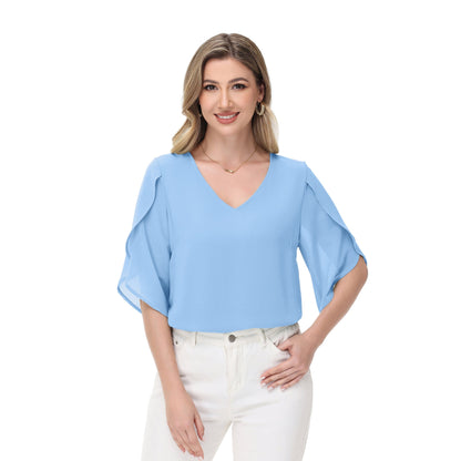 Anna-Kaci Women's V-Neck Blouse with Split Flutter Sleeves and Relaxed Draped Fit