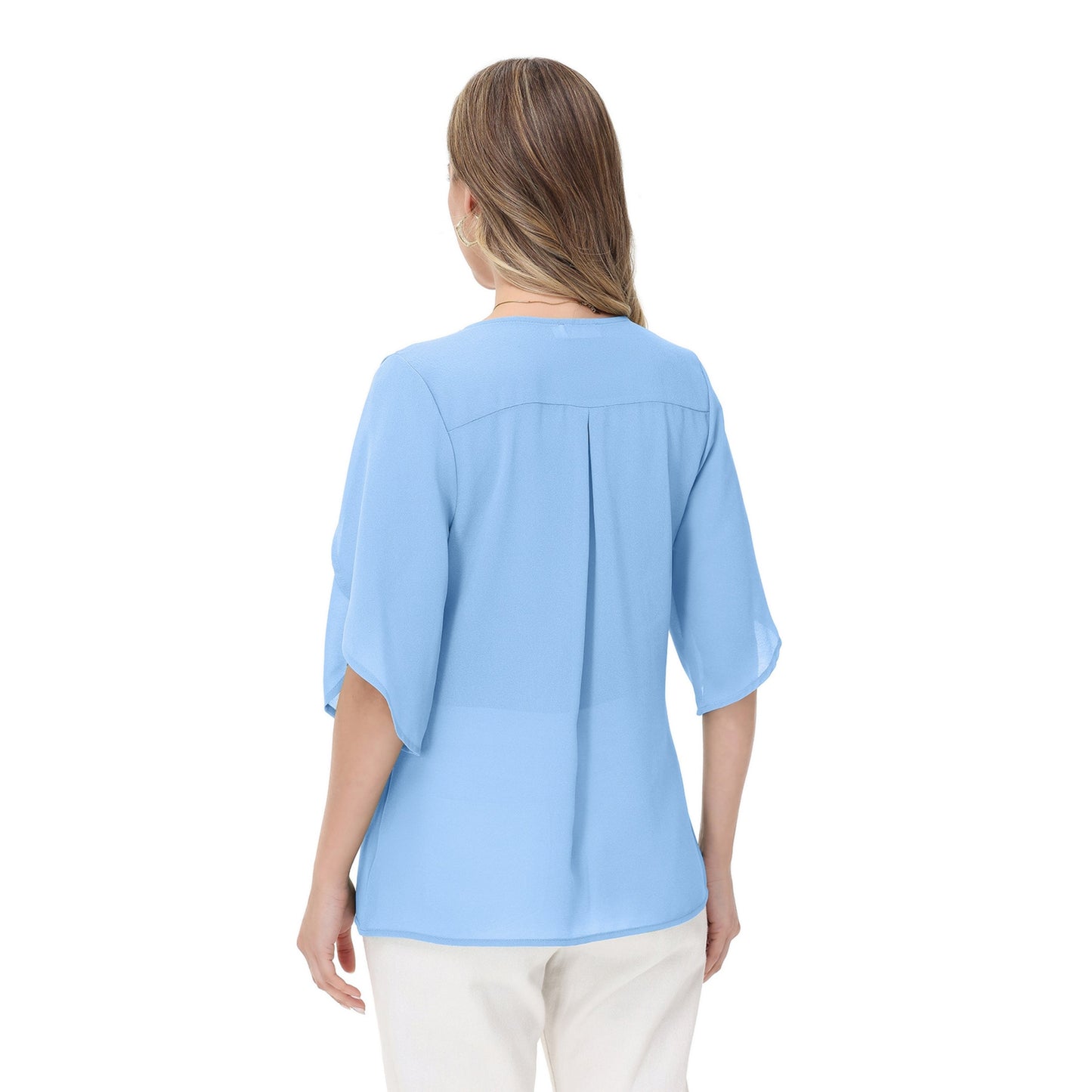 Anna-Kaci Women's V-Neck Blouse with Split Flutter Sleeves and Relaxed Draped Fit