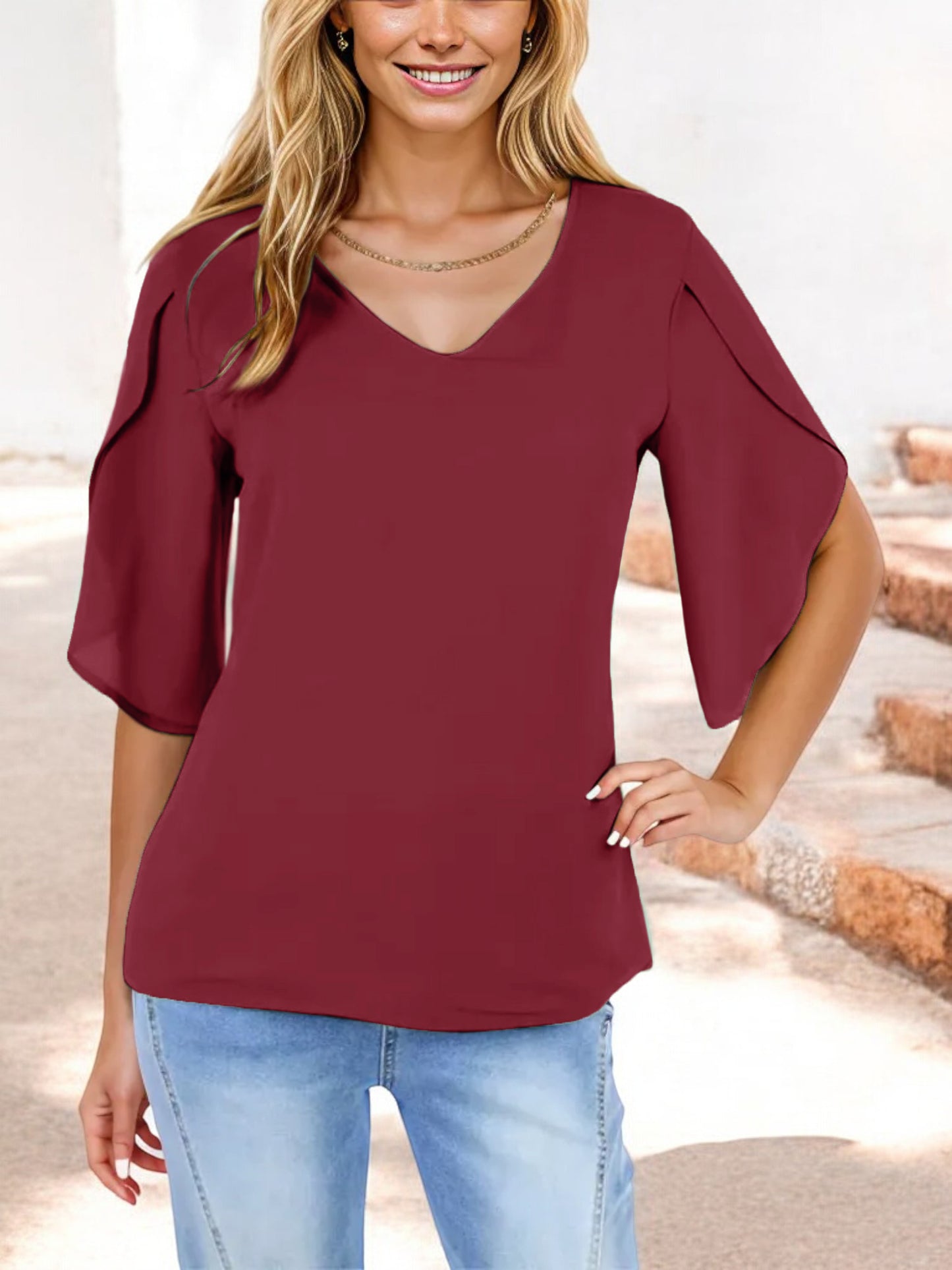 V-Neck Blouse with Split Short Sleeves and Relaxed Fit