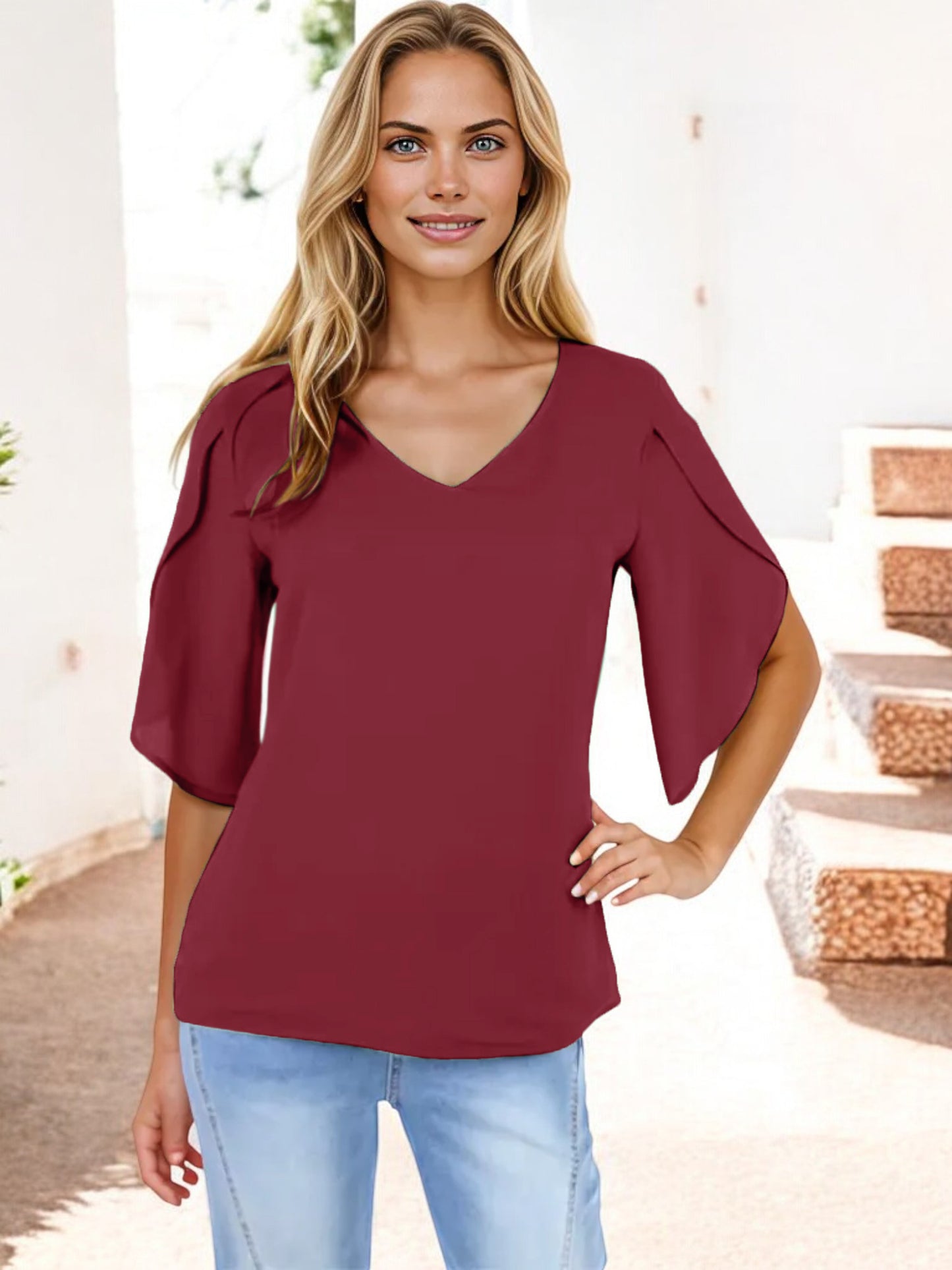 V-Neck Blouse with Split Short Sleeves and Relaxed Fit