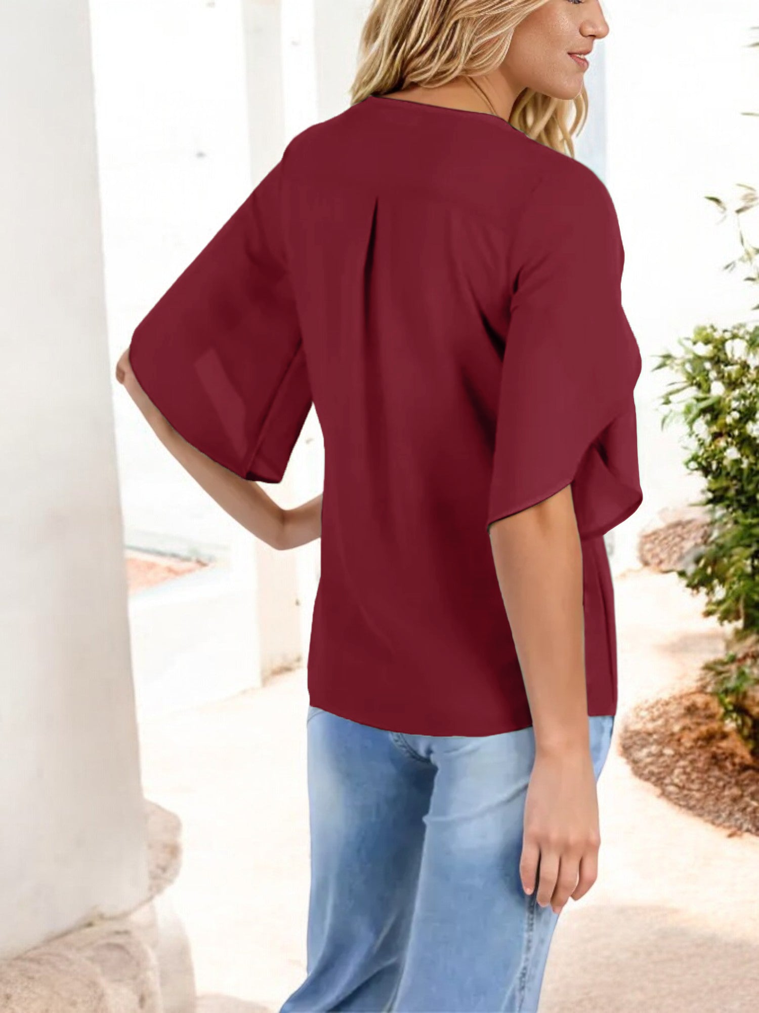 V-Neck Blouse with Split Short Sleeves and Relaxed Fit