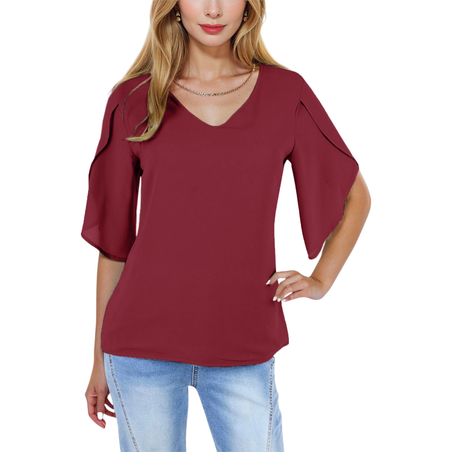 V-Neck Blouse with Split Short Sleeves and Relaxed Fit
