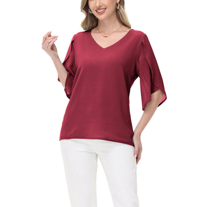 Anna-Kaci Women's V-Neck Flutter Sleeve Blouse with Shoulder Cut Details and Relaxed Draped Fit