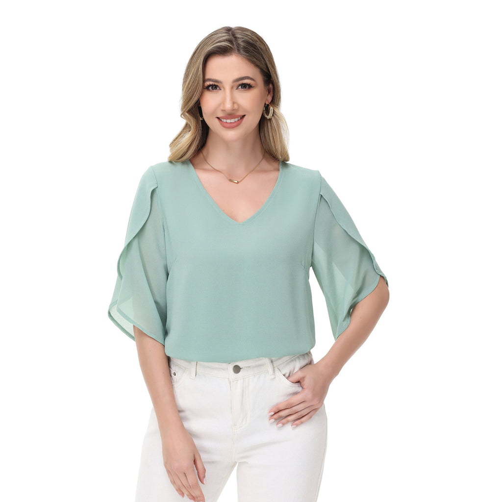 Anna-Kaci Women's V-Neck Blouse with Split Flutter Sleeves and Relaxed Draped Fit