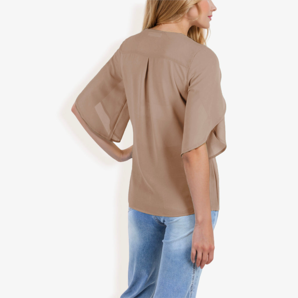 V-Neck Blouse with Split Short Sleeves and Relaxed Fit