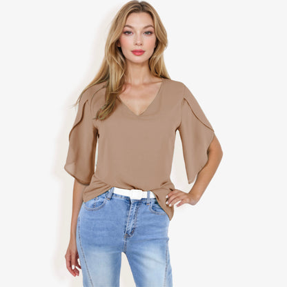 V-Neck Blouse with Split Short Sleeves and Relaxed Fit