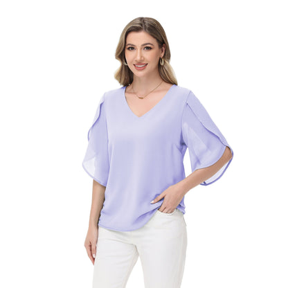 Anna-Kaci Women's V-Neck Flutter Sleeve Blouse with Shoulder Slit Detail and Relaxed Lightweight Fit