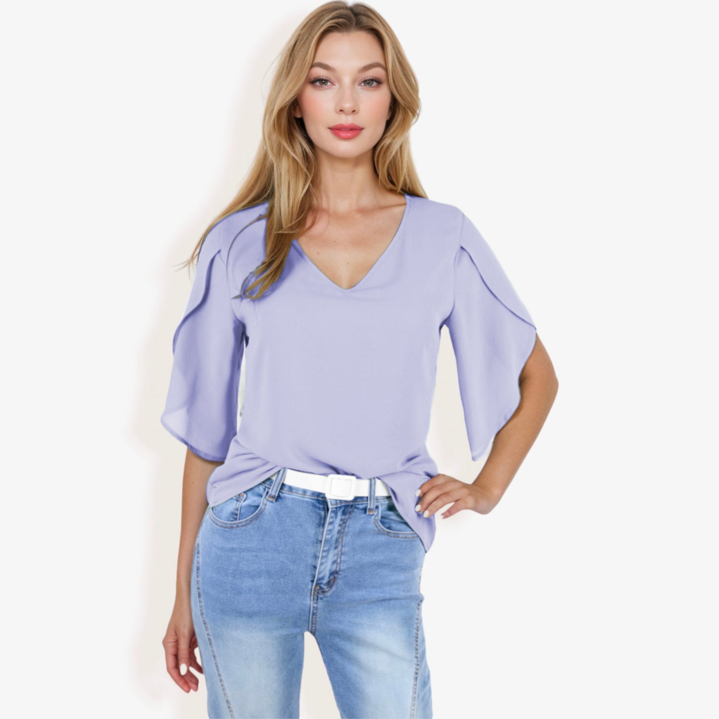 V-Neck Blouse with Split Short Sleeves and Relaxed Fit