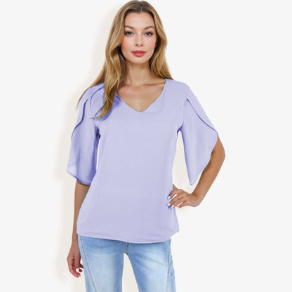 V-Neck Blouse with Split Short Sleeves and Relaxed Fit