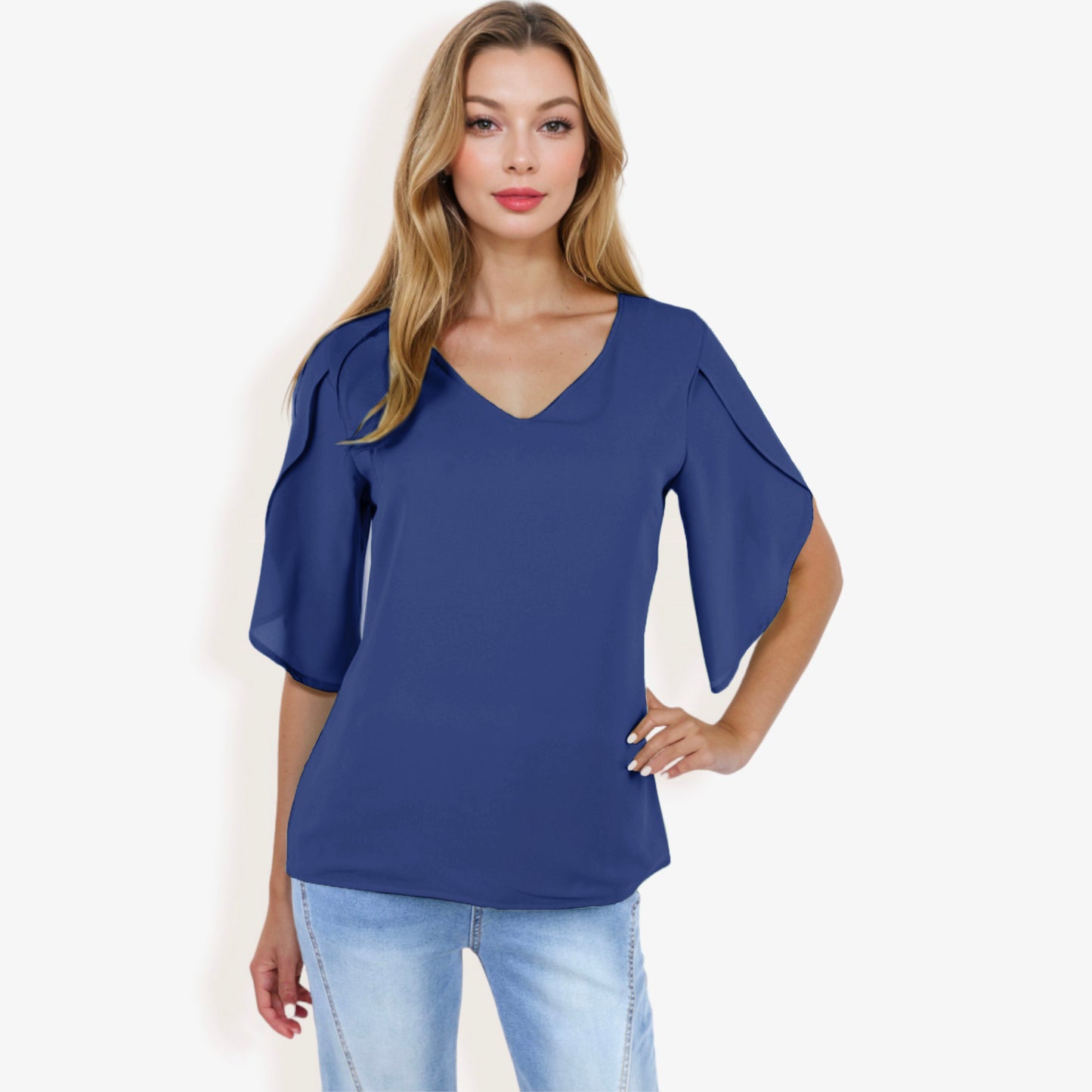 V-Neck Blouse with Split Short Sleeves and Relaxed Fit