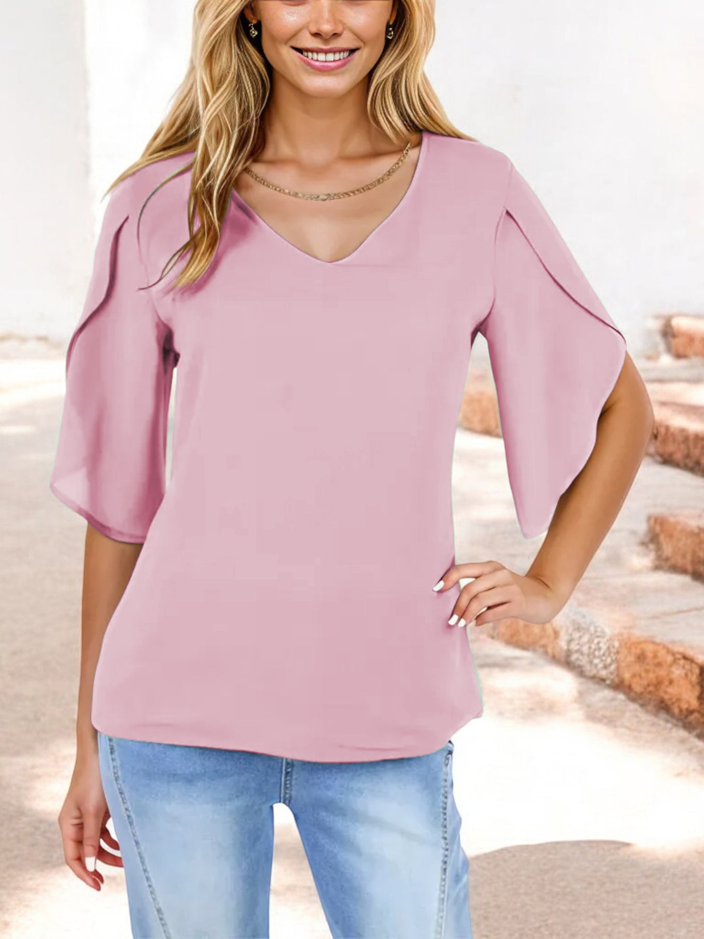 V-Neck Blouse with Split Short Sleeves and Relaxed Fit