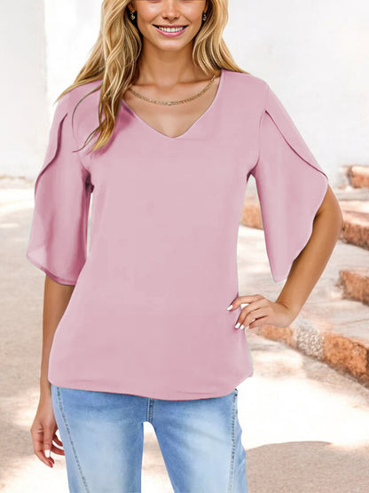 V-Neck Blouse with Split Short Sleeves and Relaxed Fit