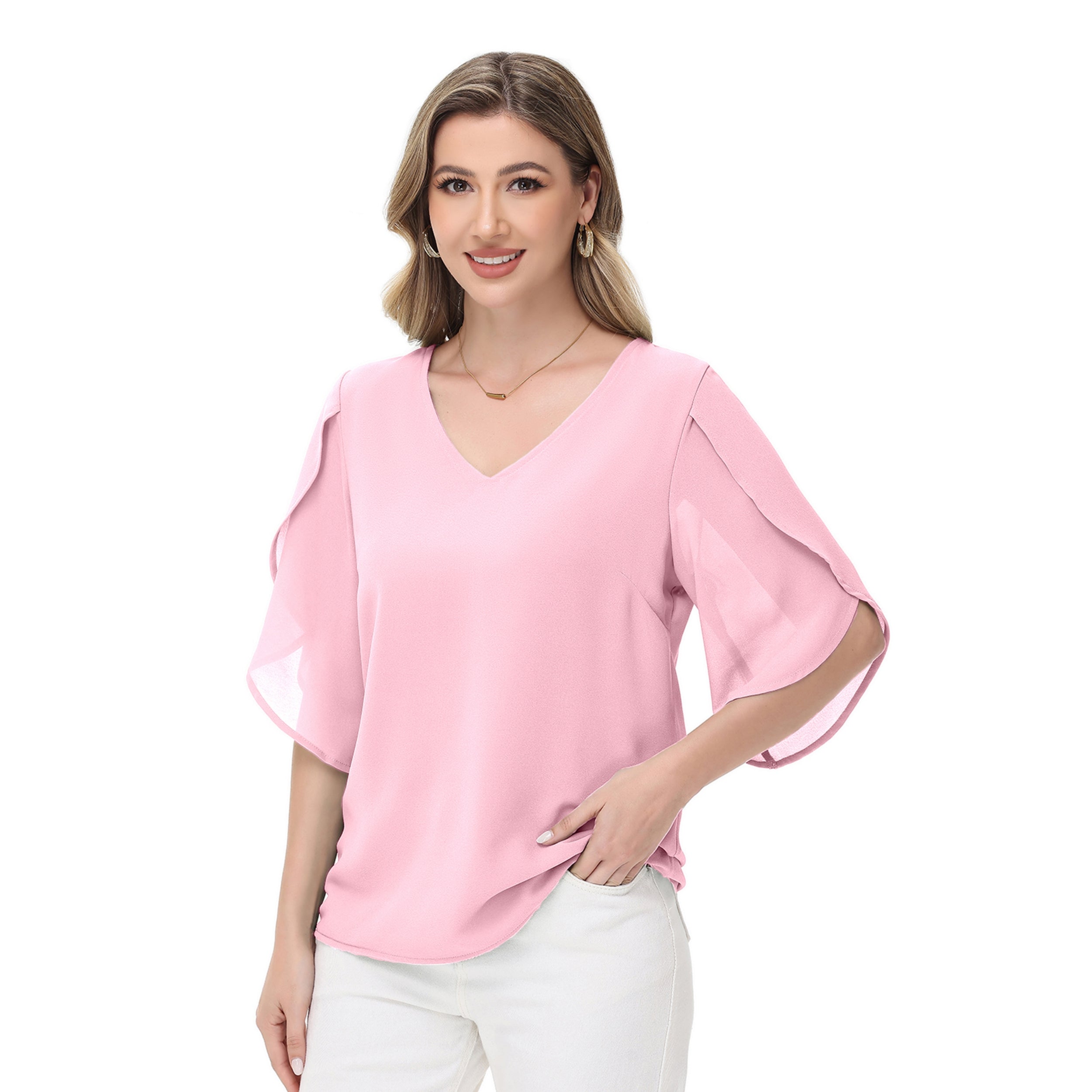 Anna-Kaci Women's V-Neck Flutter Sleeve Blouse with Shoulder Cut Details and Relaxed Draped Fit