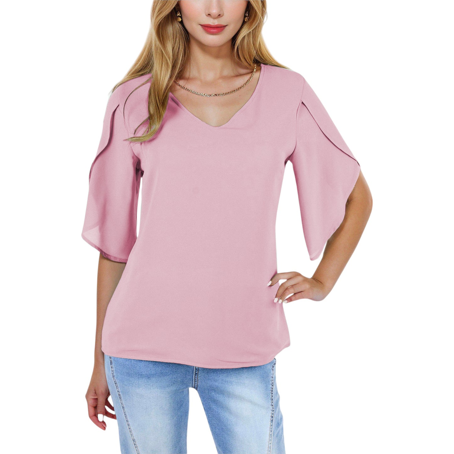 V-Neck Blouse with Split Short Sleeves and Relaxed Fit