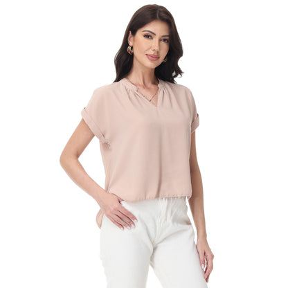 Anna-Kaci Women's Short Sleeve Blouse with Gathered V-Neckline and Rolled Cuffs
