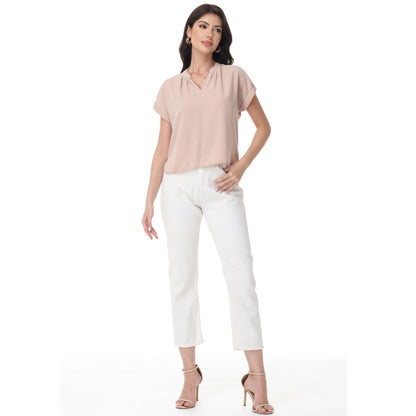 Anna-Kaci Women's Short Sleeve Blouse with Gathered V-Neckline and Rolled Cuffs