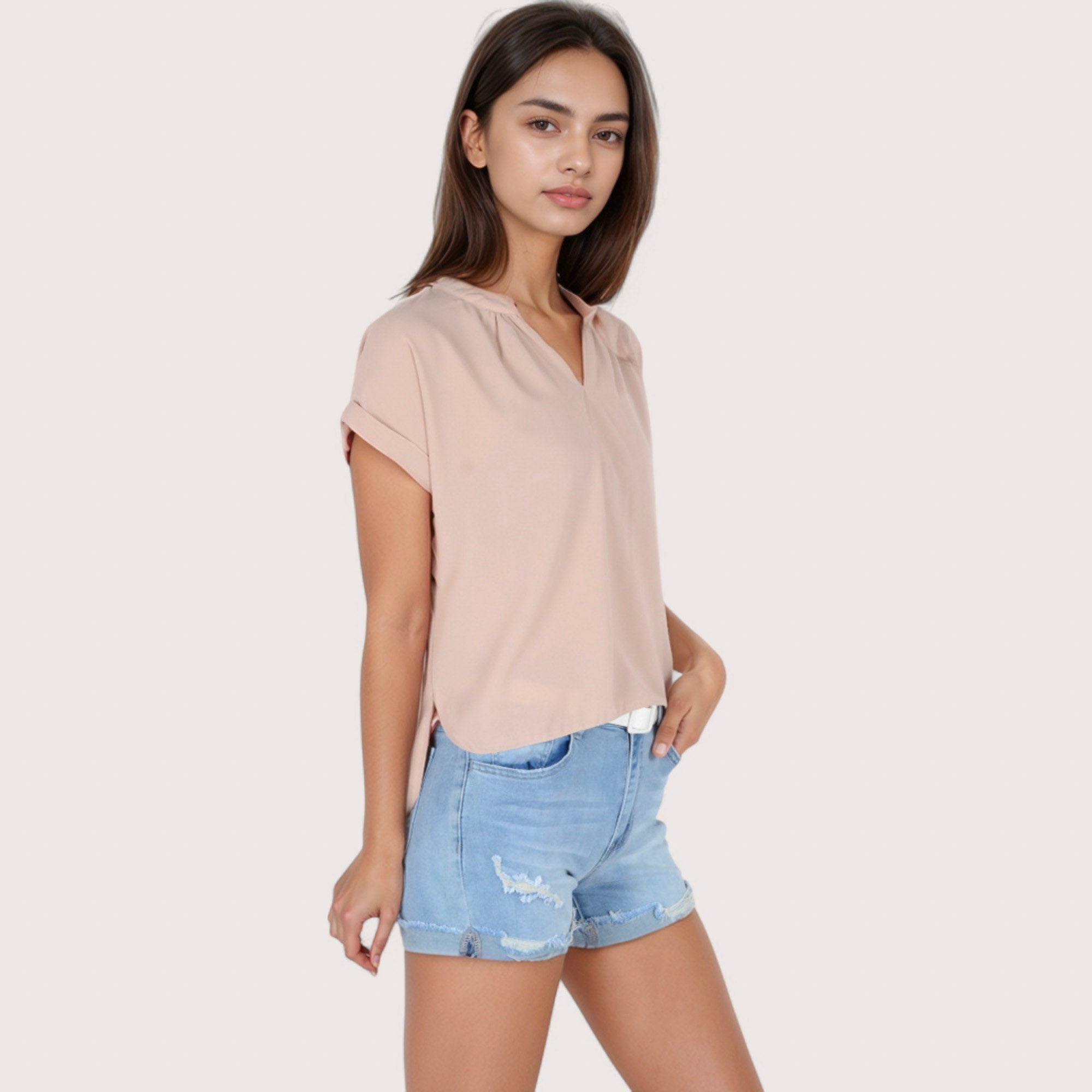 Anna-Kaci Women's V-Neck Short Sleeve Blouse with Rolled Cuffs and Soft Pleated Collar Detail - Small, Green