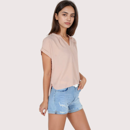 Anna-Kaci Women's V-Neck Short Sleeve Blouse with Rolled Cuffs and Soft Pleated Collar Detail - Small, Green