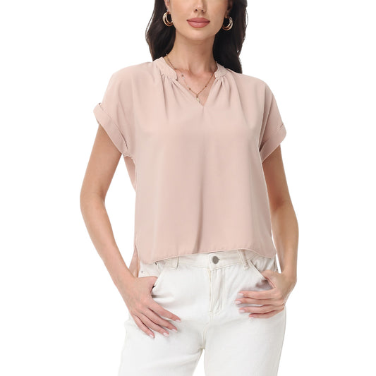 Anna-Kaci Women's Short Sleeve Blouse with Gathered V-Neckline and Rolled Cuffs
