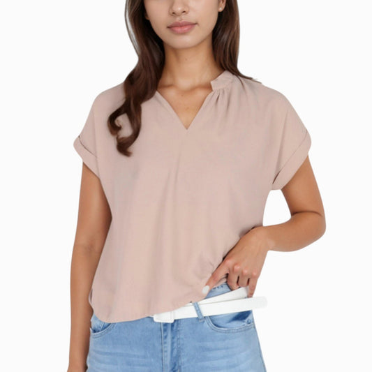 Anna-Kaci Women's V-Neck Short Sleeve Blouse with Rolled Cuffs and Soft Pleated Collar Detail - Small, Green