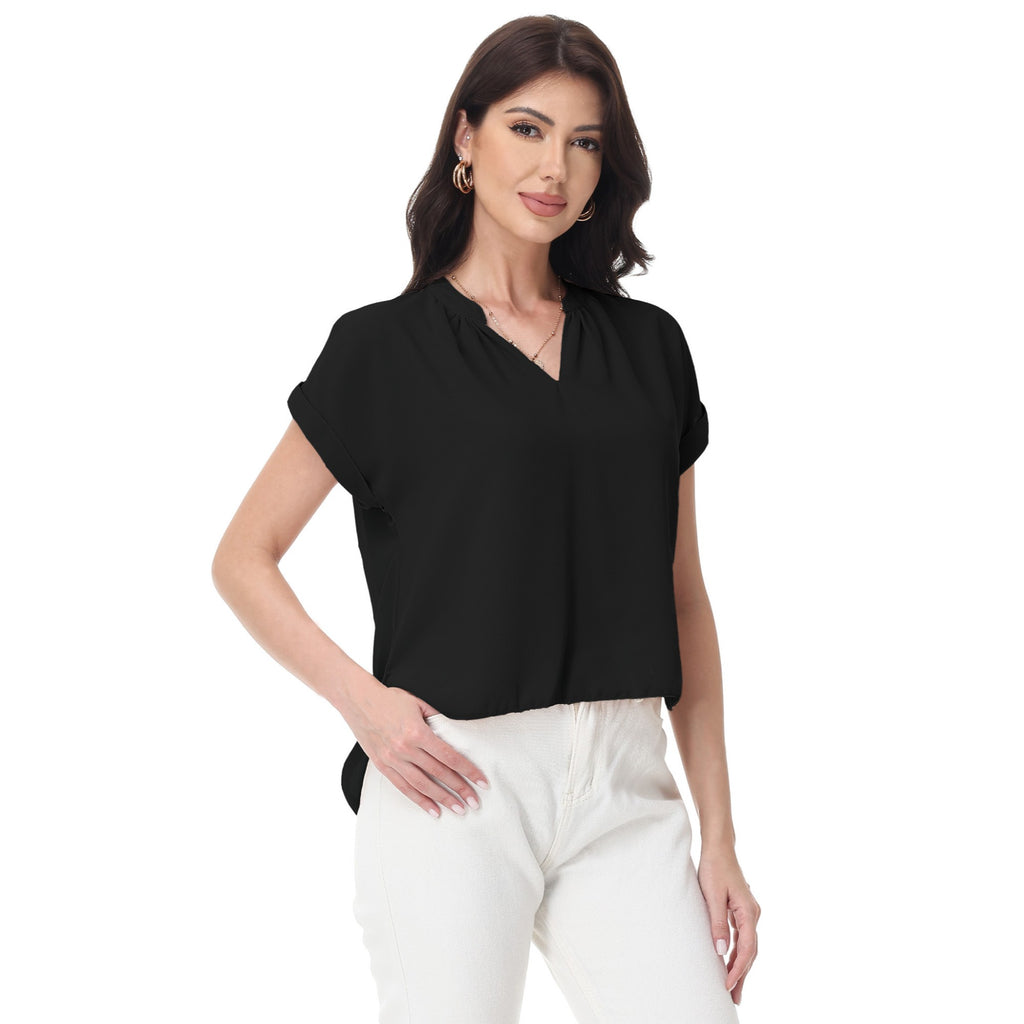 Anna-Kaci Women's Short Sleeve Blouse with Gathered V-Neckline and Rolled Cuffs