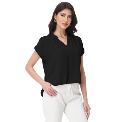 Anna-Kaci Women's Short Sleeve Blouse with Gathered V-Neckline and Rolled Cuffs