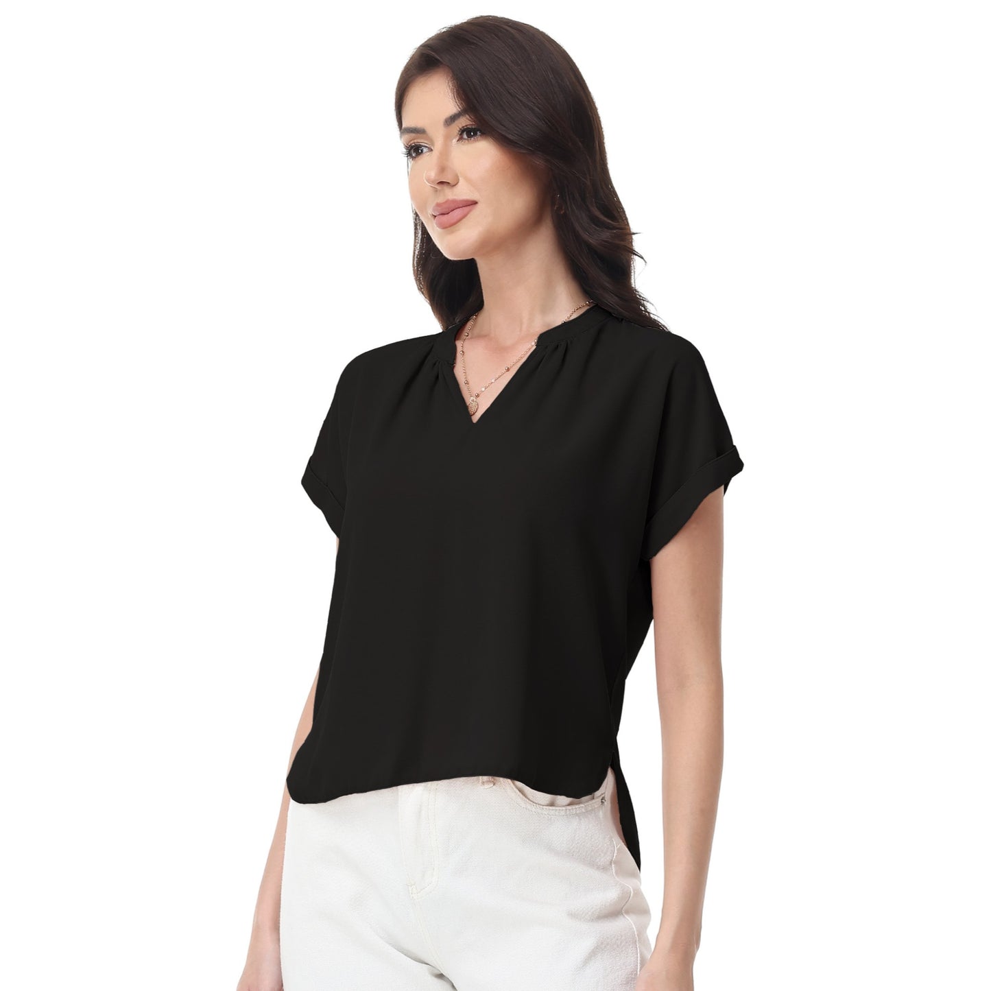 Anna-Kaci Women's Short Sleeve Blouse with Gathered V-Neckline and Rolled Cuffs