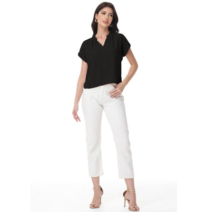 Anna-Kaci Women's Short Sleeve Blouse with Gathered V-Neckline and Rolled Cuffs