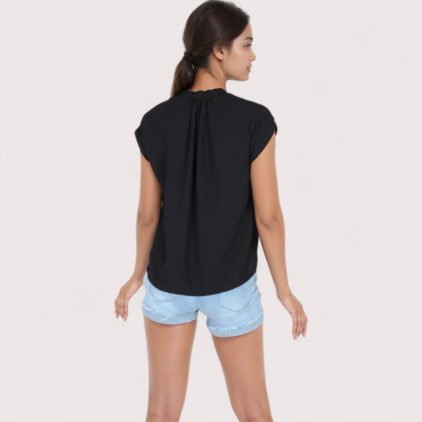 Anna-Kaci Women's V-Neck Short Sleeve Blouse with Rolled Cuffs and Soft Pleated Collar Detail - Small, Green