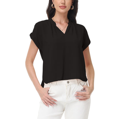 Anna-Kaci Women's Short Sleeve Blouse with Gathered V-Neckline and Rolled Cuffs
