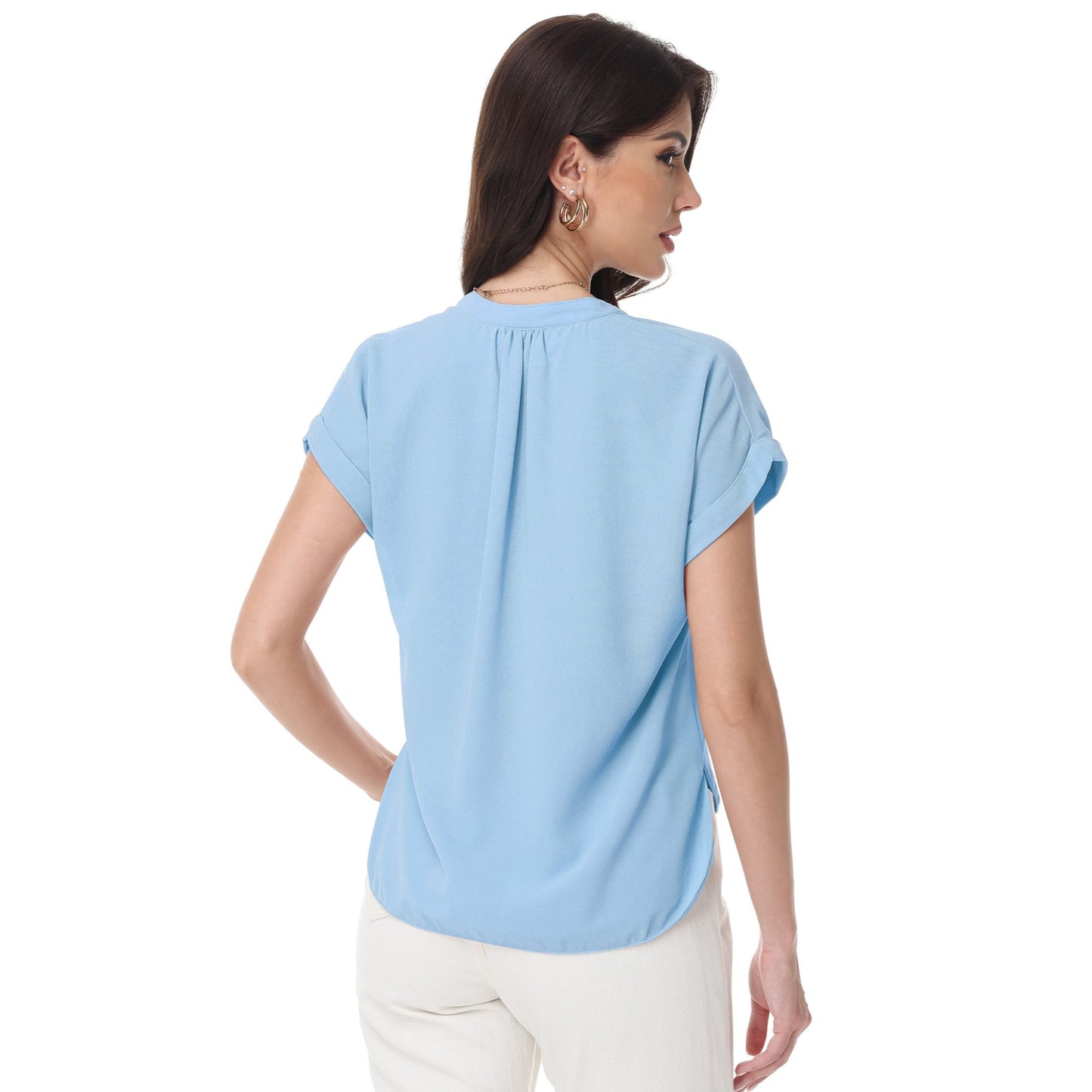 Anna-Kaci Women's Short Sleeve Blouse with Gathered V-Neckline and Rolled Cuffs