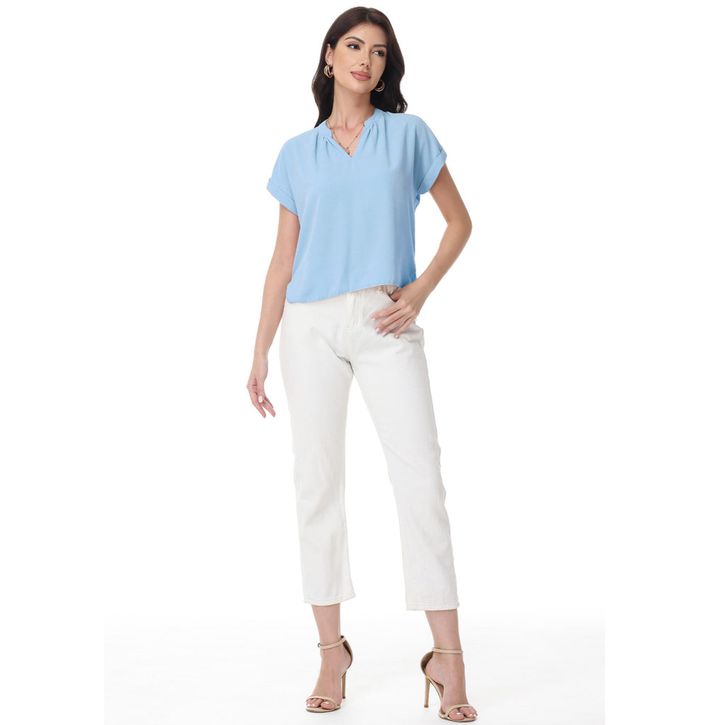 Anna-Kaci Women's Short Sleeve Blouse with Gathered V-Neckline and Rolled Cuffs