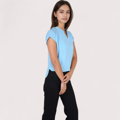 Anna-Kaci Women's V-Neck Short Sleeve Blouse with Rolled Cuffs and Soft Pleated Collar Detail - Small, Green