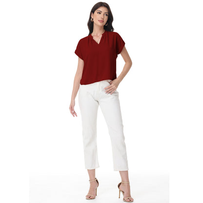 Anna-Kaci Women's Short Sleeve Blouse with Gathered V-Neckline and Rolled Cuffs