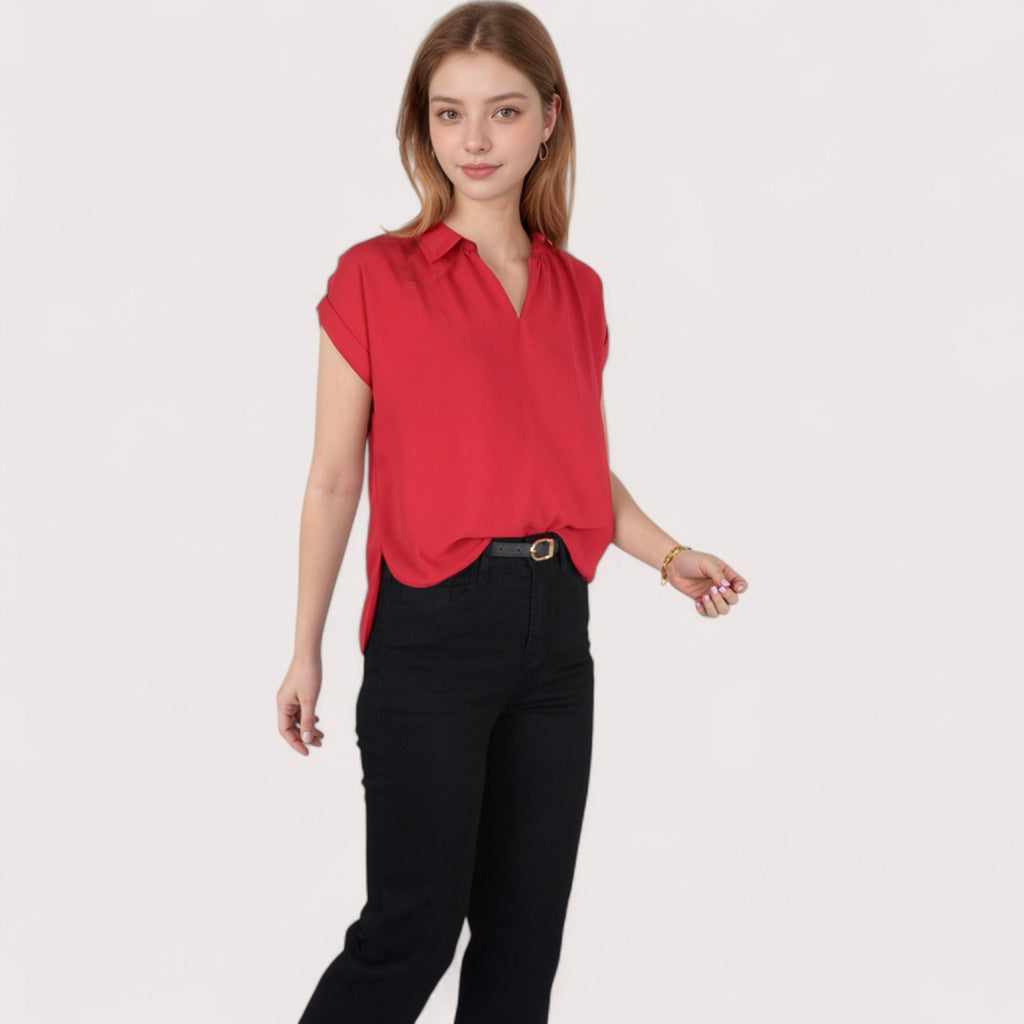 Anna-Kaci Women's V-Neck Short Sleeve Blouse with Rolled Cuffs and Soft Pleated Collar Detail - Small, Green