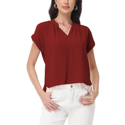 Anna-Kaci Women's Short Sleeve Blouse with Gathered V-Neckline and Rolled Cuffs