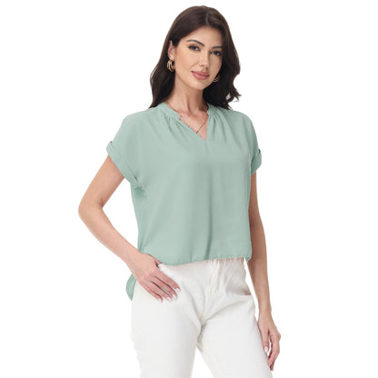 Anna-Kaci Women's Short Sleeve Blouse with Gathered V-Neckline and Rolled Cuffs