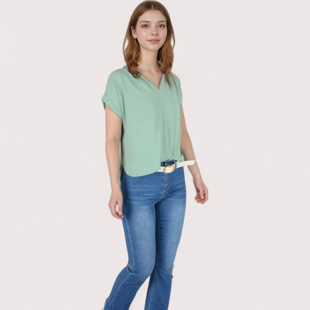 Anna-Kaci Women's V-Neck Short Sleeve Blouse with Rolled Cuffs and Soft Pleated Collar Detail - Small, Green