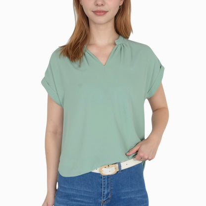 Anna-Kaci Women's V-Neck Short Sleeve Blouse with Rolled Cuffs and Soft Pleated Collar Detail - Small, Green