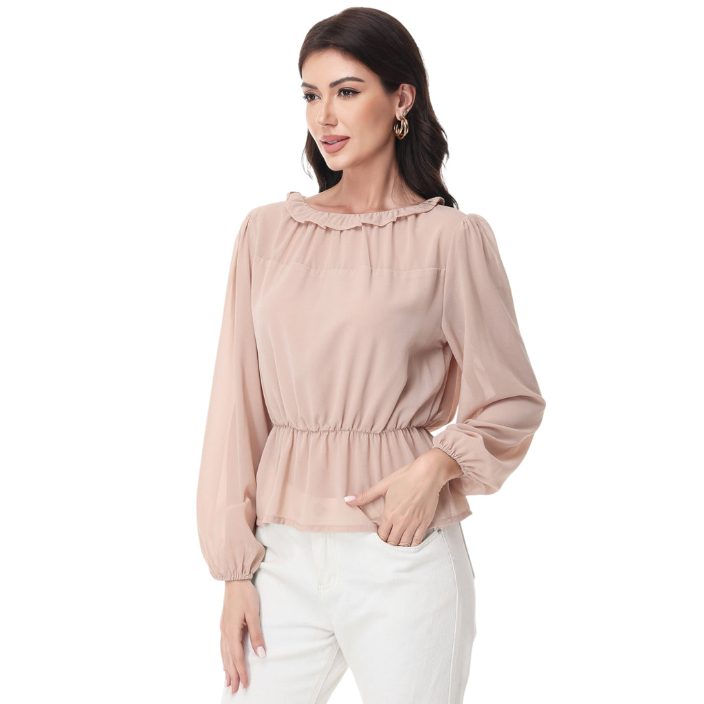 Anna-Kaci Women's Long Sleeve Blouse with Ruffle Neckline and Cinched Waist Detail